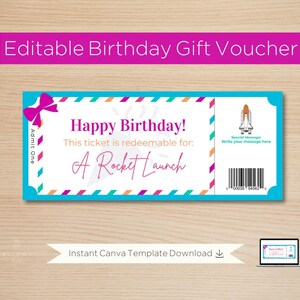 May include: Editable birthday gift voucher template with a rocket ship design. The voucher says "Happy Birthday! This ticket is redeemable for: A Rocket Launch".