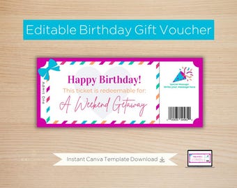 Weekend Getaway Birthday Gift Voucher: Customizable Ticket (Digital Product); Editable Instant Download