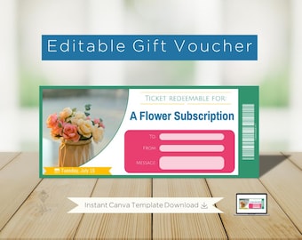 May include: A gift voucher with the text "Editable Gift Voucher" in a blue banner. The voucher is green and pink, with a floral arrangement image. Text includes "A Flower Subscription", "To", "From", and "Message".