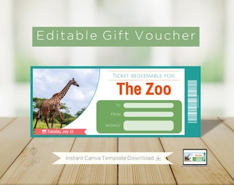 Zoo Gift Voucher: Customizable Ticket (Digital Product); Editable Instant Download, Canva Template