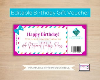 Cupón de regalo de cumpleaños para el Pase de Parques Nacionales: Boleto personalizable (producto digital); descarga instantánea editable