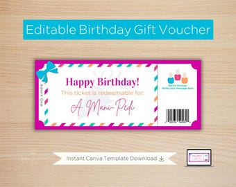 Mani Pedi Birthday Gift Voucher: Customizable Ticket (Digital Product); Editable Instant Download