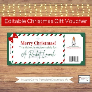 May include: A green and red Christmas gift voucher template with a rocket ship illustration. The text reads "Merry Christmas! This ticket is redeemable for: A Rocket Launch".