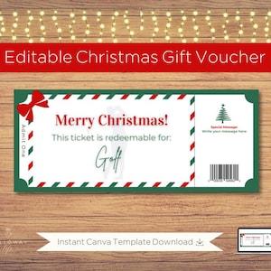 May include: Editable Christmas gift voucher template with a green, red and white striped design. The voucher says "Merry Christmas! This ticket is redeemable for: Golf." There is a space to write a special message.