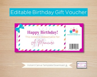 Manicure Birthday Gift Voucher: Customizable Ticket (Digital Product); Editable Instant Download