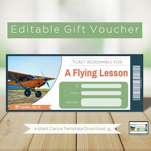 May include: A gift voucher template for a flying lesson. The design features an orange and blue airplane, with text that reads "A Flying Lesson". Includes fields for "To", "From", and a message. The date "Tuesday, July 15" is also displayed.