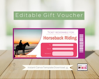 May include: A gift voucher template with a purple border and a picture of a person riding a horse on a beach at sunset. The text reads "Editable Gift Voucher" and "Horseback Riding". Includes fields for "To", "From", and a "Message".