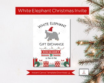 May include: White Elephant Christmas Gift Exchange invitation with a cartoon elephant wearing a Santa hat. The invitation includes the date, time, and location of the event.  Instant Canva Template Download.