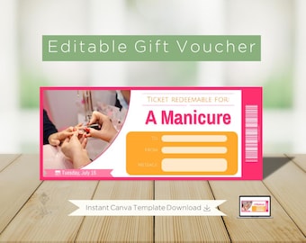 Manicure Gift Voucher: Customizable Ticket (Digital Product); Editable Instant Download
