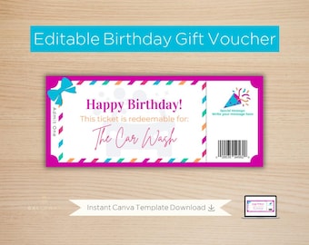 Car Wash Birthday Gift Voucher: Customizable Ticket (Digital Product); Editable Instant Download