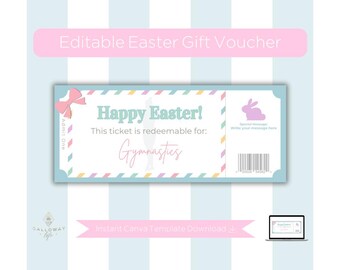 May include: A pastel Easter gift voucher with the text "Happy Easter!" and "Gymnastics". The voucher features a pink bow, a bunny graphic, and a barcode. The background is light blue with white stripes.