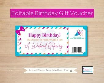 Birthday Weekend Getaway Gift Voucher: Customizable Ticket (Digital Product); Editable Instant Download