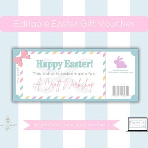 Puede incluir: Un vale de regalo de Pascua azul claro y blanco con el texto "Happy Easter!" y "A Craft Workshop". El vale tiene un lazo rosa y un gráfico de conejito rosa. Las palabras "Editable Easter Gift Voucher" están en la parte superior.