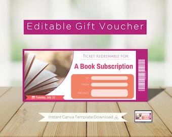 Book Subscription Gift Voucher: Customizable Ticket (Digital Product); Editable Instant Download