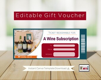 May include: A gift voucher template with the text "Editable Gift Voucher" in a red banner. The voucher is for "A Wine Subscription" and includes fields for "To", "From", and "Message". The image also shows a box with wine bottles.