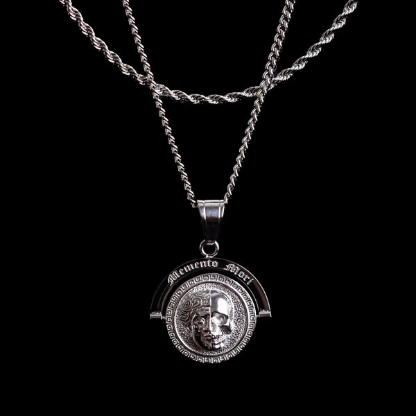 Memento Mori - Double Sided Pendant Stoicism Mens Jewelry Necklace | Gift For Him | Greek Gold Silver | Latin Phrase