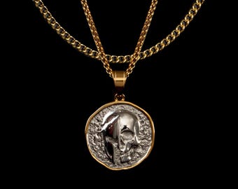 Stoic Pendant, Greek Necklace, Skull Jewelry, Memento Mori, Mens Chain Necklace, Marcus Aurelius, Stoicism, Dark Jewelry, 18K Gold Plated