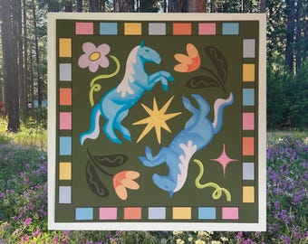 Horse Print, 8x8 print, Wall Hanging, wild horses, Folk Art, Whimsical, Cottage Core, Apartment Decor, dorm room, Nature, home decor