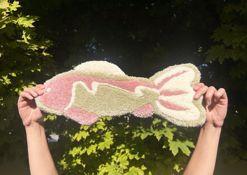 May include: A pink and green fish-shaped rug made of fluffy yarn. The rug is held up in front of a green leafy background.