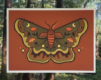 Moth Print, 7x5 print, Wall Hanging, Insect, Folk Art, Whimsical, Cottage Core, Apartment Decor, dorm room, Nature, home decor