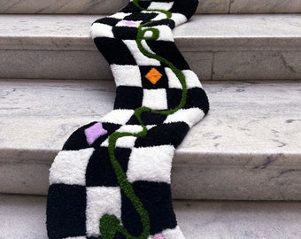 Checkered Rug, Tufted, Black and white, Squiggle rug, Funky Rug, Runner, Groovy, Unique, Irregular Rug, Tufted Rug, Decor