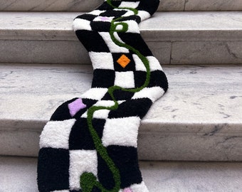 Checkered Rug, Tufted, Black and white, Squiggle rug, Funky Rug, Runner, Groovy, Unique, Irregular Rug, Tufted Rug, Mothers Day Gift, Decor