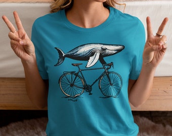 Blue Whale Riding a Bicycle T-Shirt | Unisex Cycling Tees, Fun Gifts for Bike Lovers, Animal Lovers T-Shirts, 100% Eco-Friendly Cotton & Ink