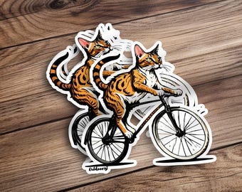 Bengal Cat Riding Bicycle Sticker, Fun Animal Art Decal, Perfect for Laptops, Water Bottles, Unique Gift Idea, Bike Lover