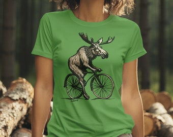 Moose Riding a Bicycle T-Shirt | Unisex Cycling Tees, Fun Gifts for Bike Lovers, Animal Lovers T-Shirts, 100% Eco-Friendly Cotton & Ink