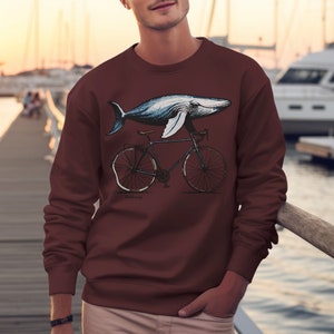 Unique Whale Bicycle Art Sweatshirt, Quirky Graphic Design, Whale Riding Bike Shirt, Funny Cyclist Pullover, Casual Wear
