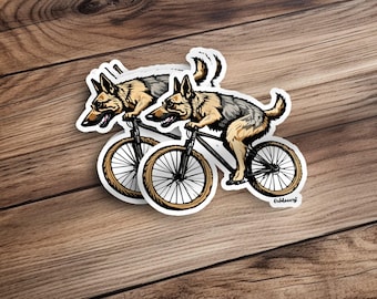 German Shepherd Dog Riding Bicycle Sticker, Funny Dog on Bike Decal, Cycling Pet Art Vinyl Sticker for Laptop, Car, Water Bottle