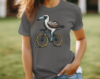 Blue Footed Booby Riding a Bike T-Shirt | Unisex Cycling Tees, Fun Gifts for Bike Lovers, Animal Lovers T-Shirts, 100% Eco-Friendly Cotton