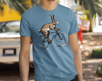 Hare Riding a Bike T-Shirt | Rabbit, Unisex Cycling Tees, Fun Gifts for Bike Lovers, Animal Lovers T-Shirts, 100% Eco-Friendly Cotton & Ink