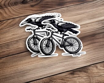 Raven on Bicycle Sticker, Unique Bird Sticker, Black and White Vinyl Sticker, Bicycle Lover Gift, Outdoor Adventure Decal, Art Stickers