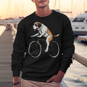 Funny Saint Bernard Dog Riding Bicycle Sweatshirt, Cute Cycling Dog Pullover, Dog Lover Gift Sweater, Cozy Animal Print Sweatshirt