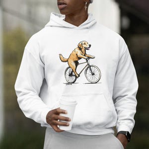 Golden retriever op fiets hoodie, hond op fiets artistieke hoodie, unieke huisdierliefhebber cadeau hoodie, grappige hond hoodie voor motorliefhebbers