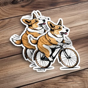Corgi Dog Riding Bicycle Sticker, Fun Dog Biking Cartoon Decal, Animal Lover Vinyl Sticker, Adorable Pet Bike Sticker