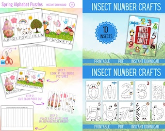 Printable Preschool Readiness Worksheets, Kindergarten Learning Bundle, Alphabet Puzzle, Insect Numbers Coloring pages | Early Education