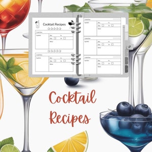 Diario di ricette per cocktail - Diario di mixology vuoto pronto per la stampa per il tuo raccoglitore - Cartoline di ricette per cocktail - Libro di ricette per bevande - PDF stampabile