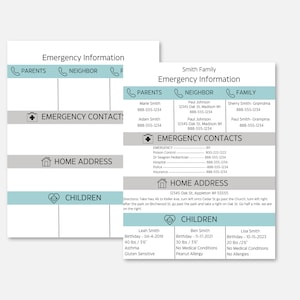 緊急情報シート | Canva で編集可能な緊急連絡先情報テンプレート | ベビーシッターの印刷物 | ベビーシッターのメモ | ナニーの冷蔵庫メモ