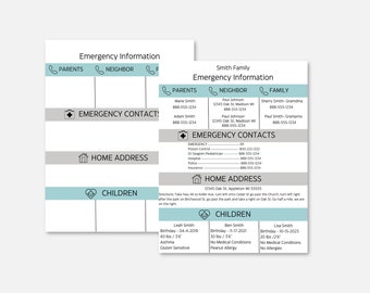 Emergency Information Sheet | Editable Emergency Contact Info Template on Canva | Babysitting Printable | Babysitter Notes|Nanny Fridge Note
