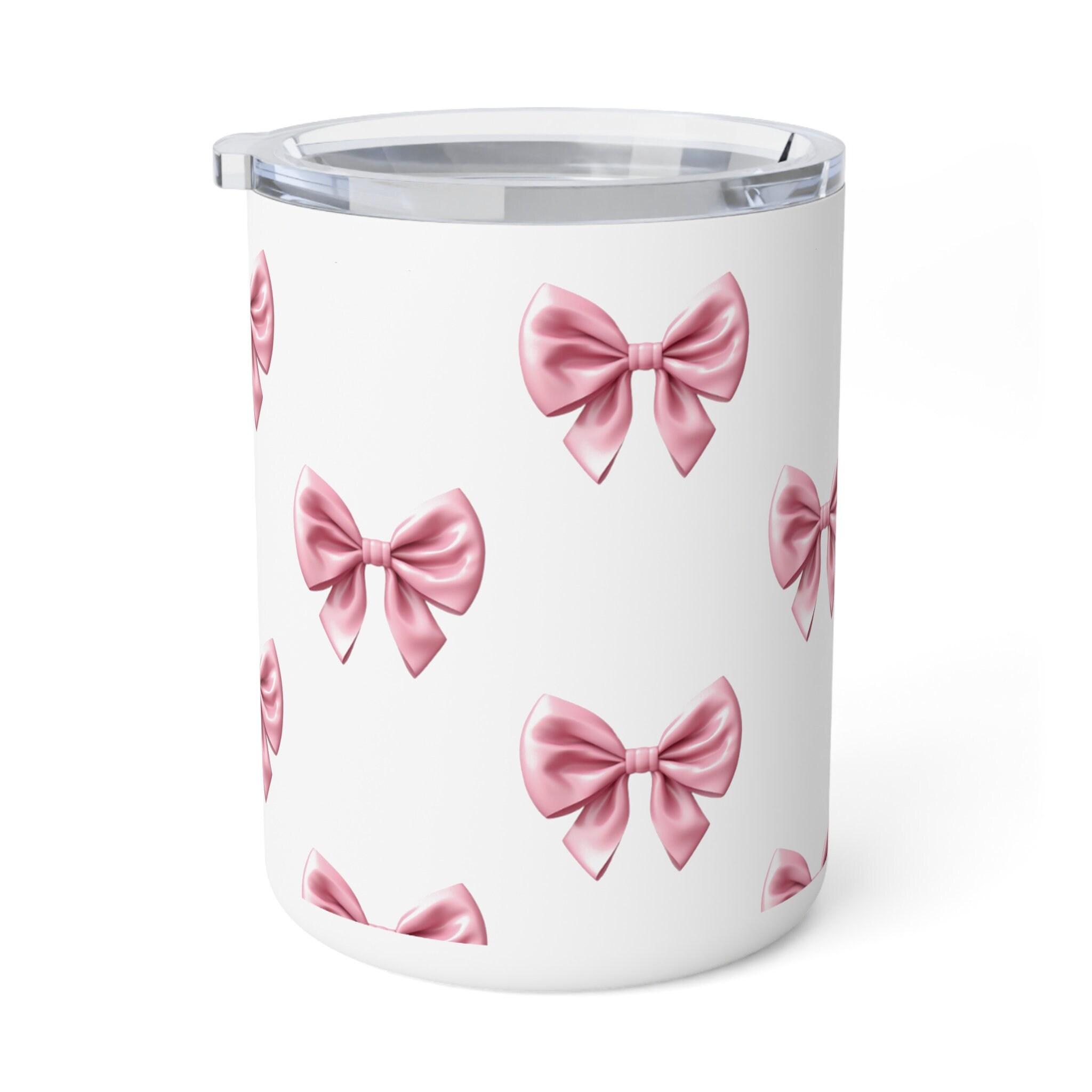 Insulated Coffee Mug, 10oz , Coquette, Pink Bows, Hot and Cold, Kitchen Decor, Fun gift, party favor