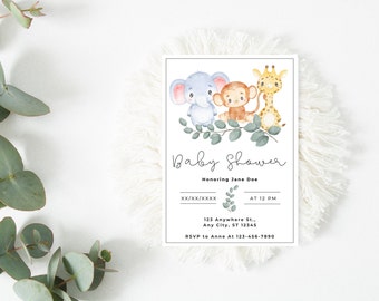 Baby Shower Invitation Template, Safari Animals & Greenery