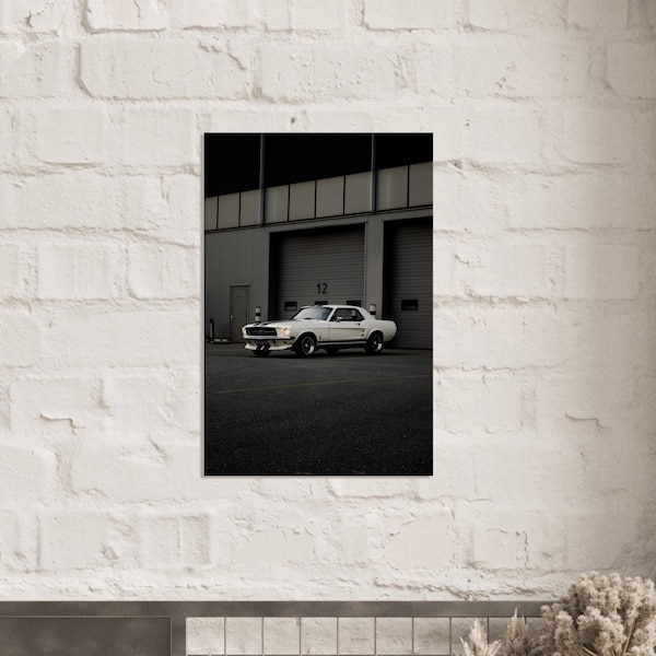 White Mustang Outside Garage Sports Car Classic Mustang Mustang Poster Wall Art Wall Decor Gift For Him Dark Poster Cool Car Poster