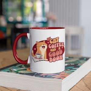 Cute Coffee Mug with Cat, 11 oz Two-Tone Mug, Cat Coffee and a Good Book Two-Sided Mug, Perfect Birthday Gift for Book Lovers and Pet Owners