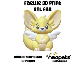 Puede incluir: Un modelo 3D imprimible de un faellie amarillo de Neopets con alas. El modelo es una descarga digital y está disponible como archivo STL. La imagen incluye el texto "faellie 3D Print STL file" y "digital download 3D Model".