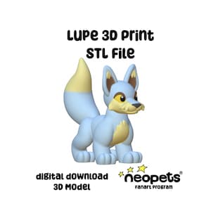 May include: A 3D printed model of a blue Lupe, a Neopets character. The model is ready to be printed and is available for digital download. The image includes the text "Lupe 3D Print STL File" and the Neopets logo.