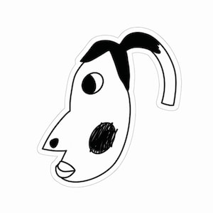 May include: A black and white line drawing of a face with a large nose, one eye, and a single black spot on the cheek.