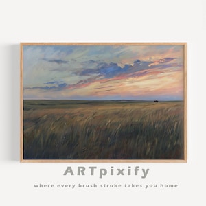 Zonsondergang landschapskunst landweide digitale kunst wordt afgedrukt abstract schilderij voor woonkamer decor zonsondergang hemel grasveld muur kunst afdrukbare kunst