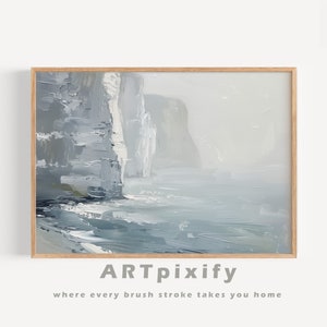 Whispers of the Ancient Sea Wall Art Mist Enshrouded Cliffs Painting Waves Maritime Digital Print for Instant Download Serene Wall Decor